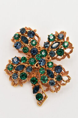 BSK Vintage Crystal Clover Pin Brooch Green Blue Rhinestone Gold Signed BinBG
